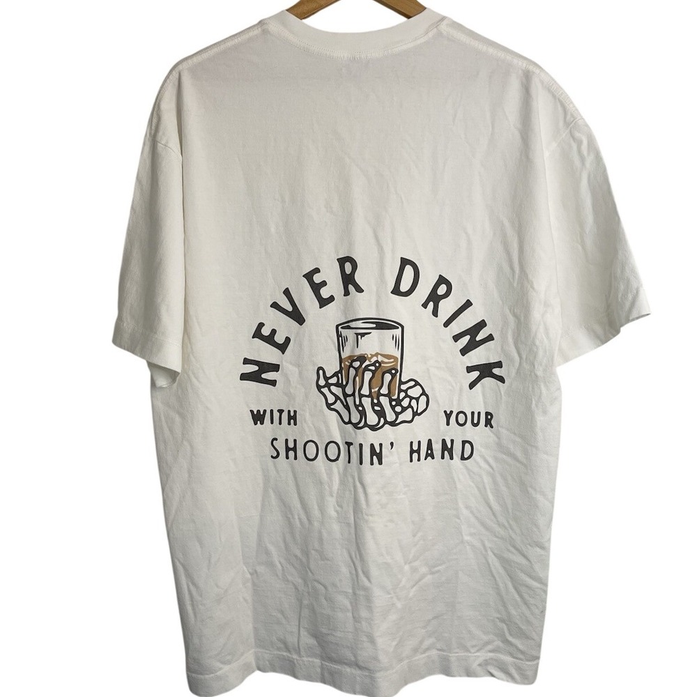 Dustworn Texas Men's L Soft White Shirt Never Drink Shootin Hand‎ Skeleton Beer